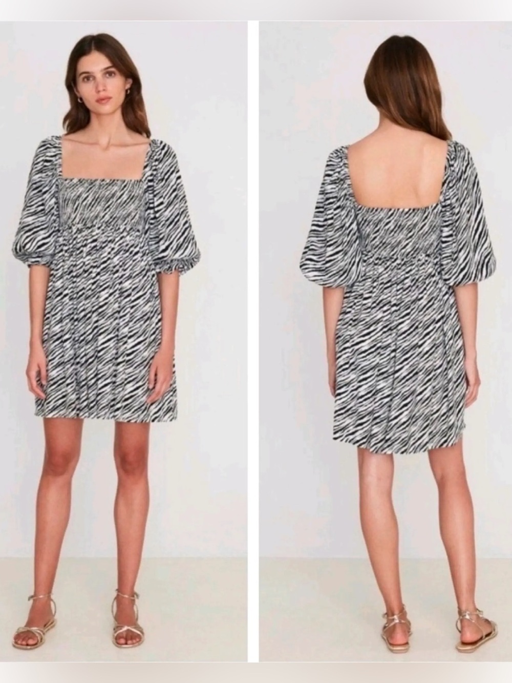 Faithfull The Brand Alina Zebra Print Smocked Puff Sleeve Mini Dress XS Size‎ 2